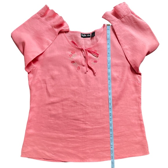 Style & Co pink peach 100% linen blouse tunic top 3/4 bell sleeve embroidered 14 - Picture 7 of 7